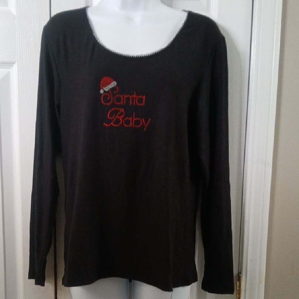 Cinema Etoile Black Long Sleeve 'Santa Baby' Top Sz L Super soft  NWOT
